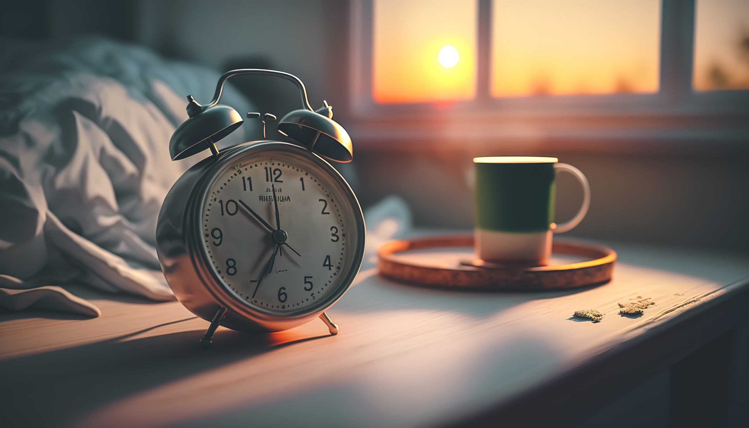 Close up, alarm clock on blurred background, morning and breakfast concept.